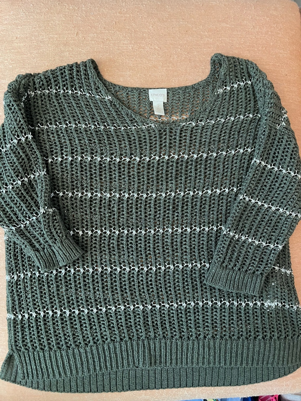 Chico's silver & Olive Green Open-Knit Crewneck Sweater chicos size 2